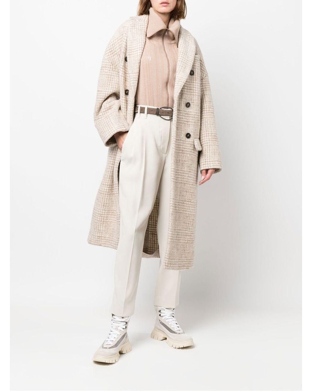 Brunello Cucinelli Natural Double-Breasted Checked Coat