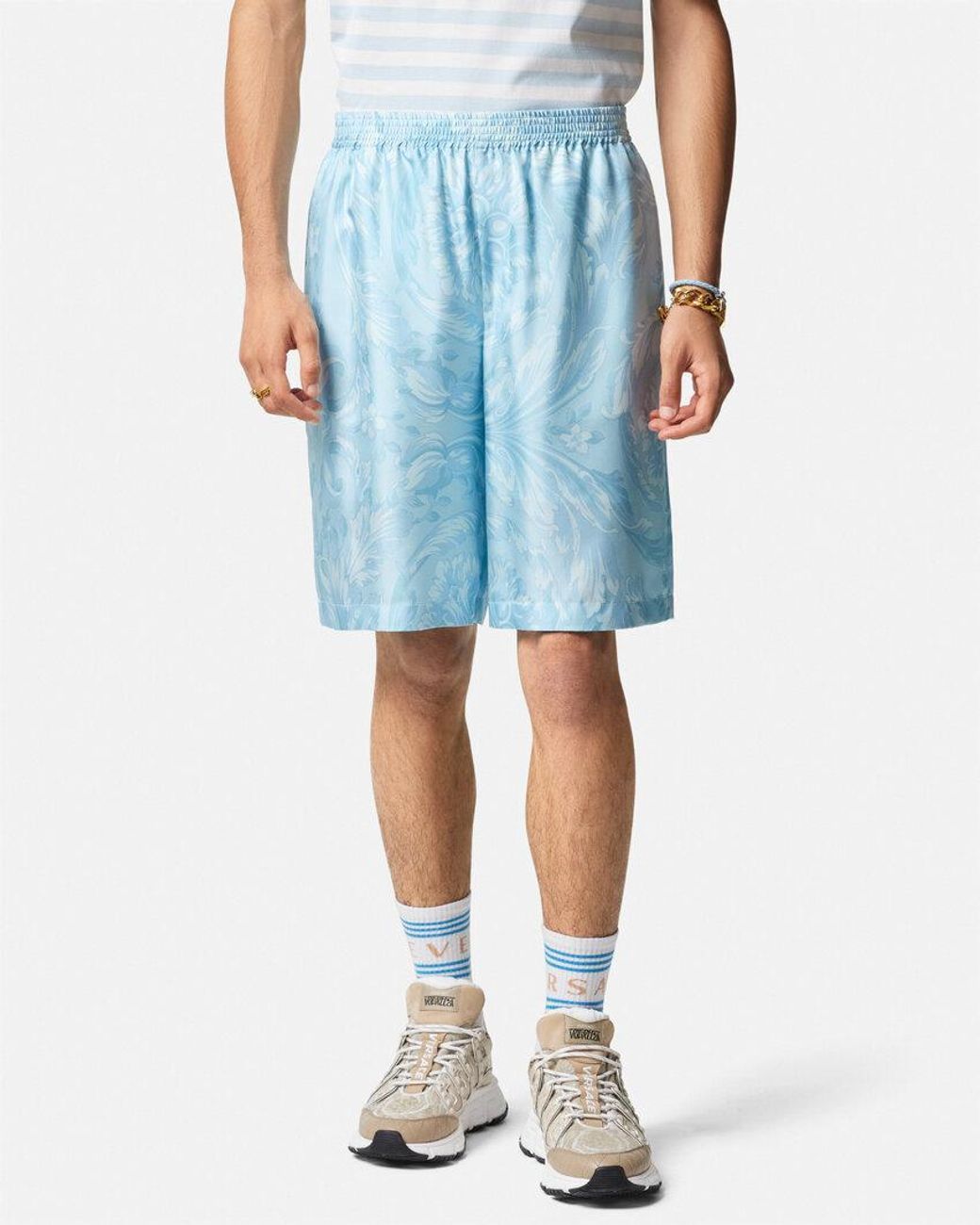 Versace Blue Barocco-Printed Elasticated Waistband Shorts for men