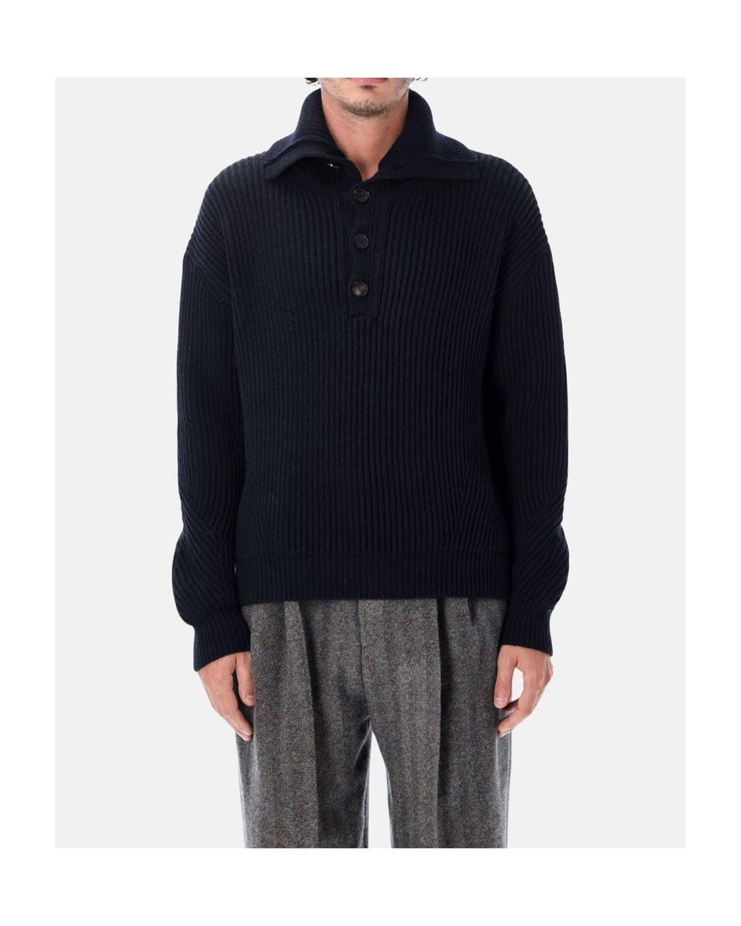 Dries Van Noten Blue Ribbed V-Neck Button-Front Cardigan for men