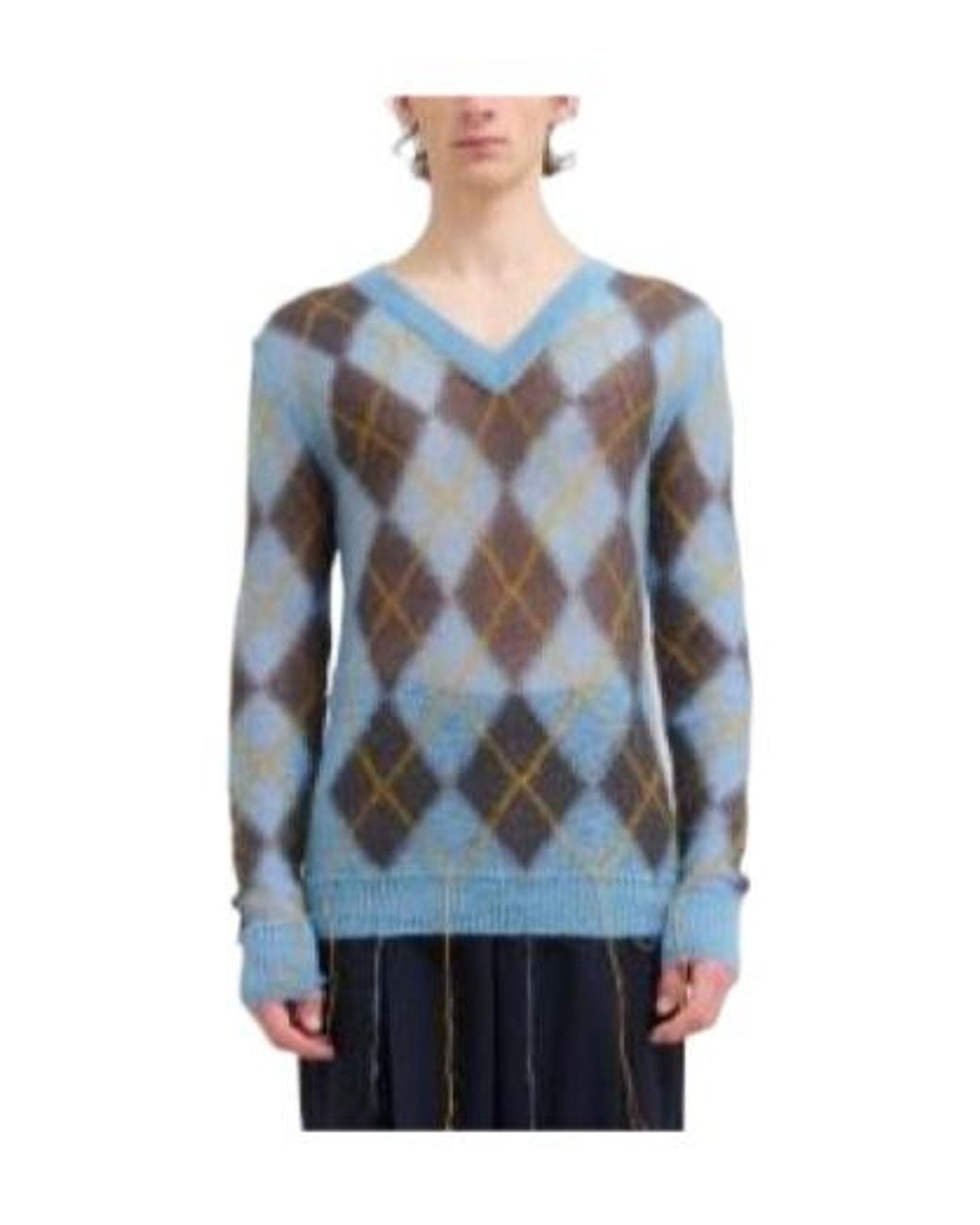 Marni Blue Geometric Patterned V-Neck Knitted Jumper for men