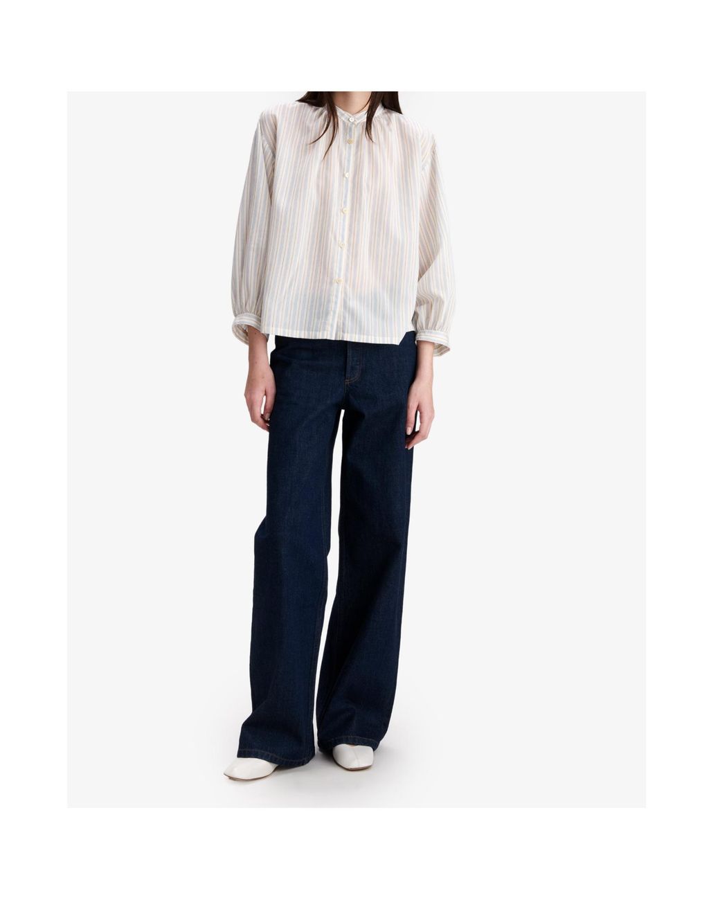 A.P.C. White Striped Band-Collar Shirt