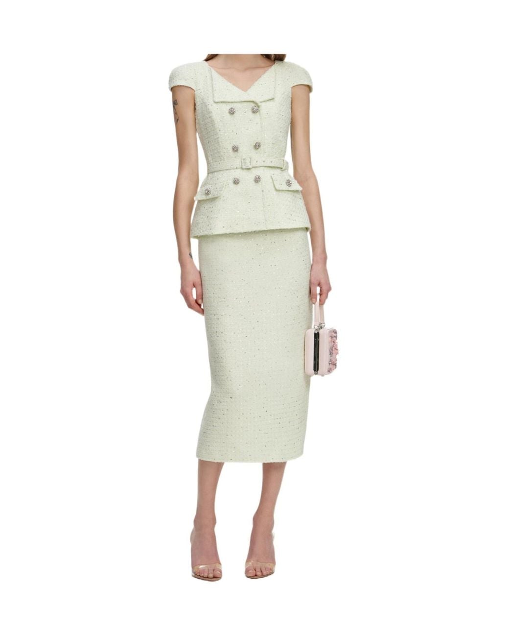 Self-Portrait White Bouclé Midi Dress