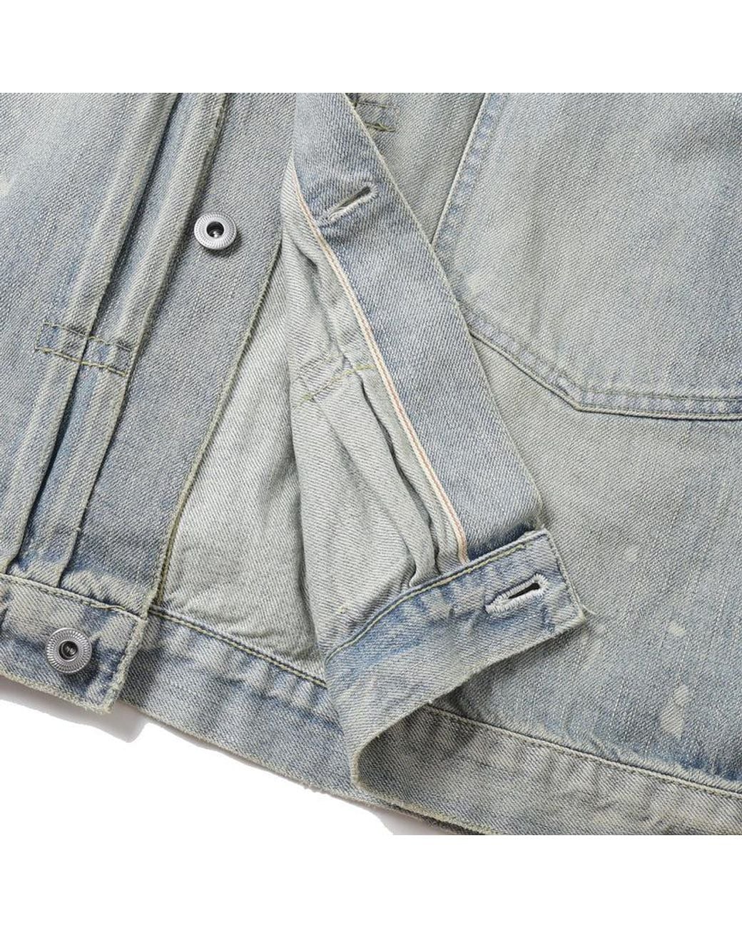 A.PRESSE Blue Bleached-Effect Pleated Denim Jacket for men