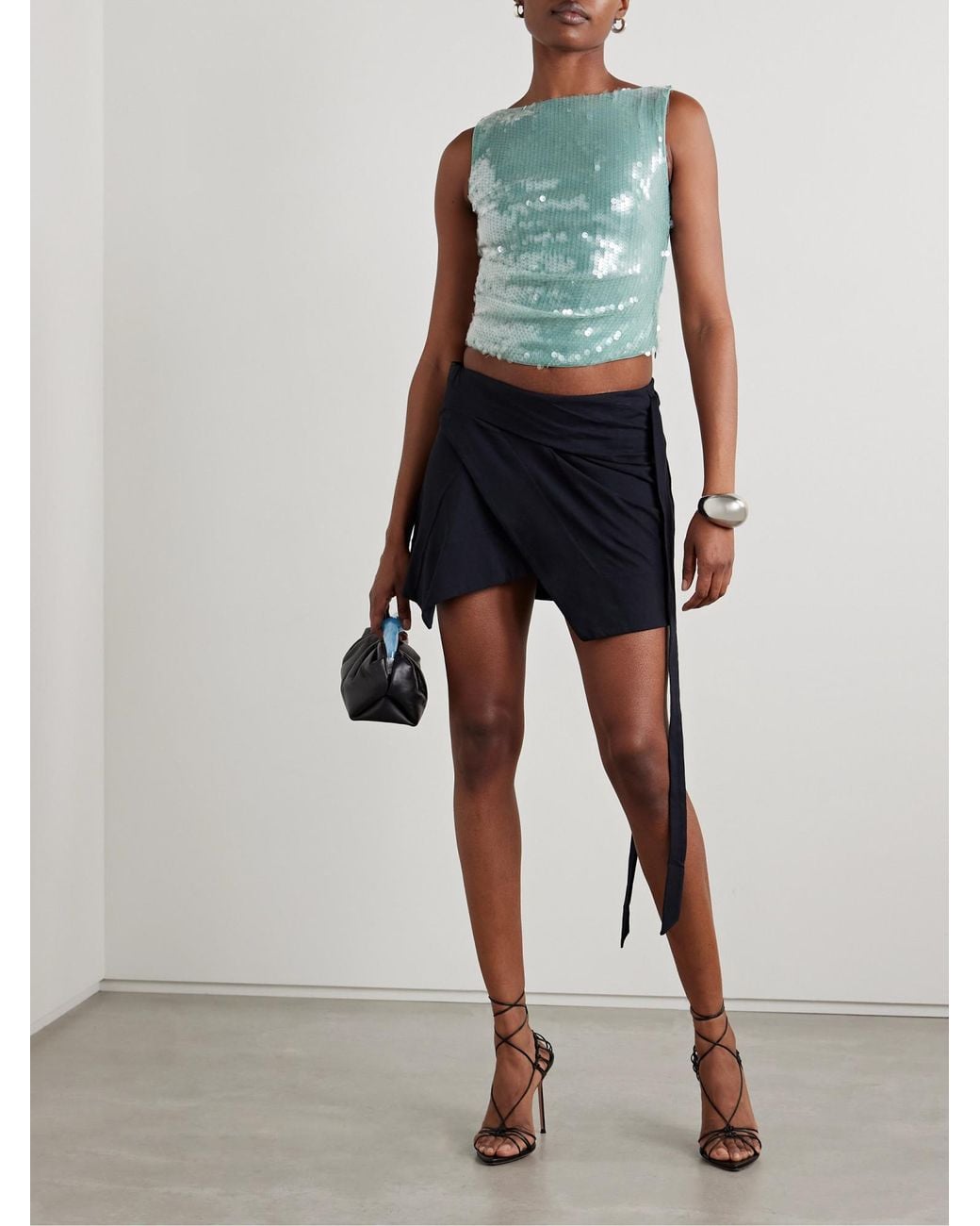 Staud Green Ruched Sequined Tulle Top