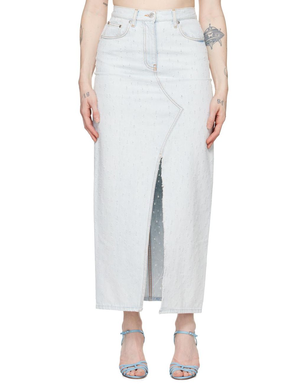 MSGM White Front-Slit Denim Midi Skirt