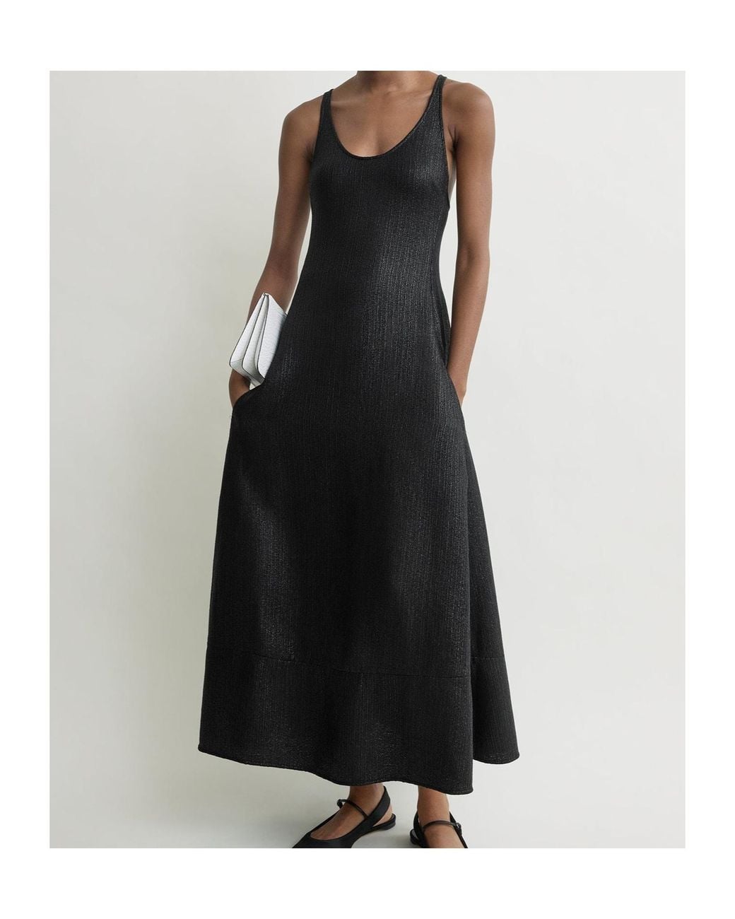 Totême Black Sculpted Shimmering Cotton Midi Tank Dress
