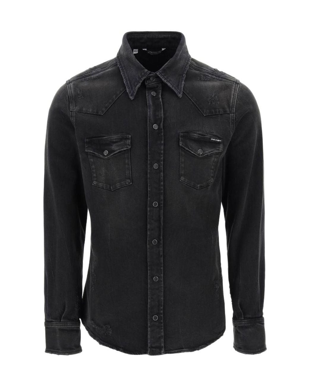 Dolce & Gabbana Black Distressed Denim Buttoned Shirt for men