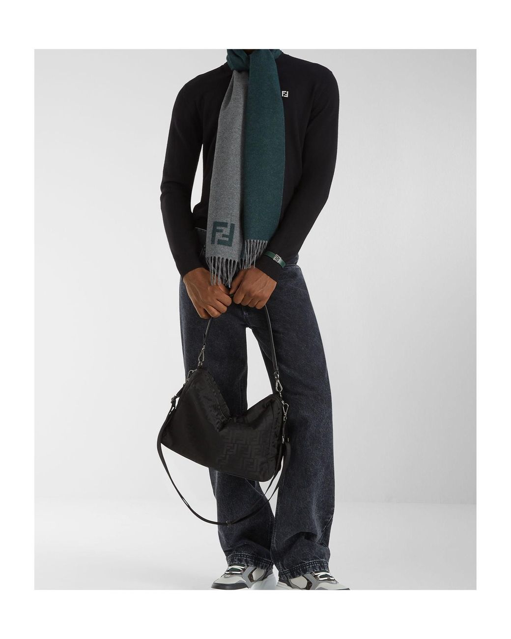 Fendi Gray Ff Motif Fringed-Edge Scarf for men