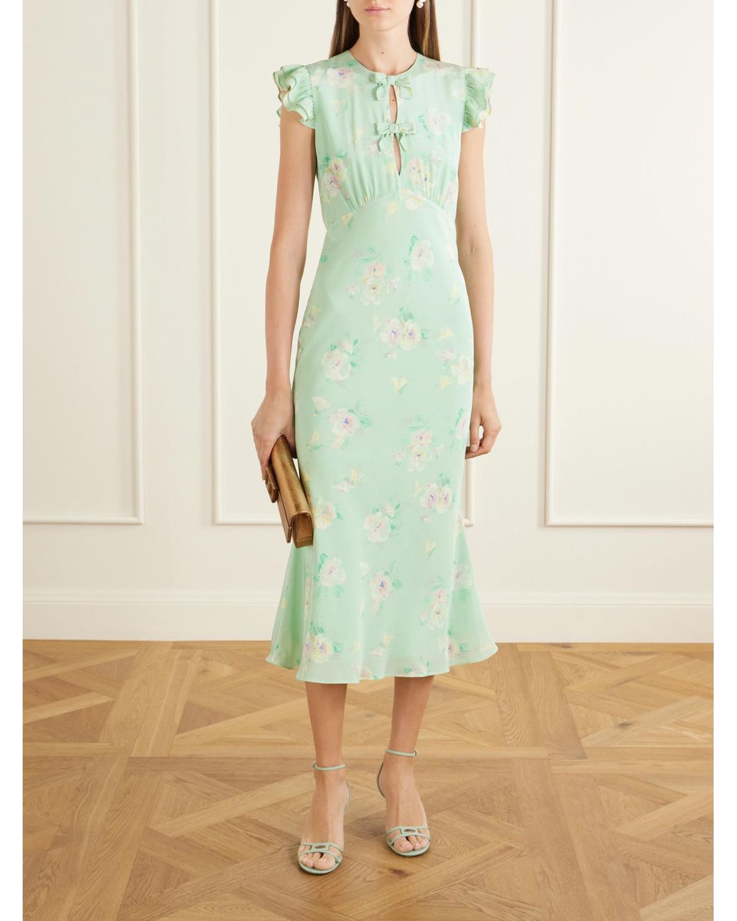 Alessandra Rich Green Ruffle-Trim Silk Midi Dress