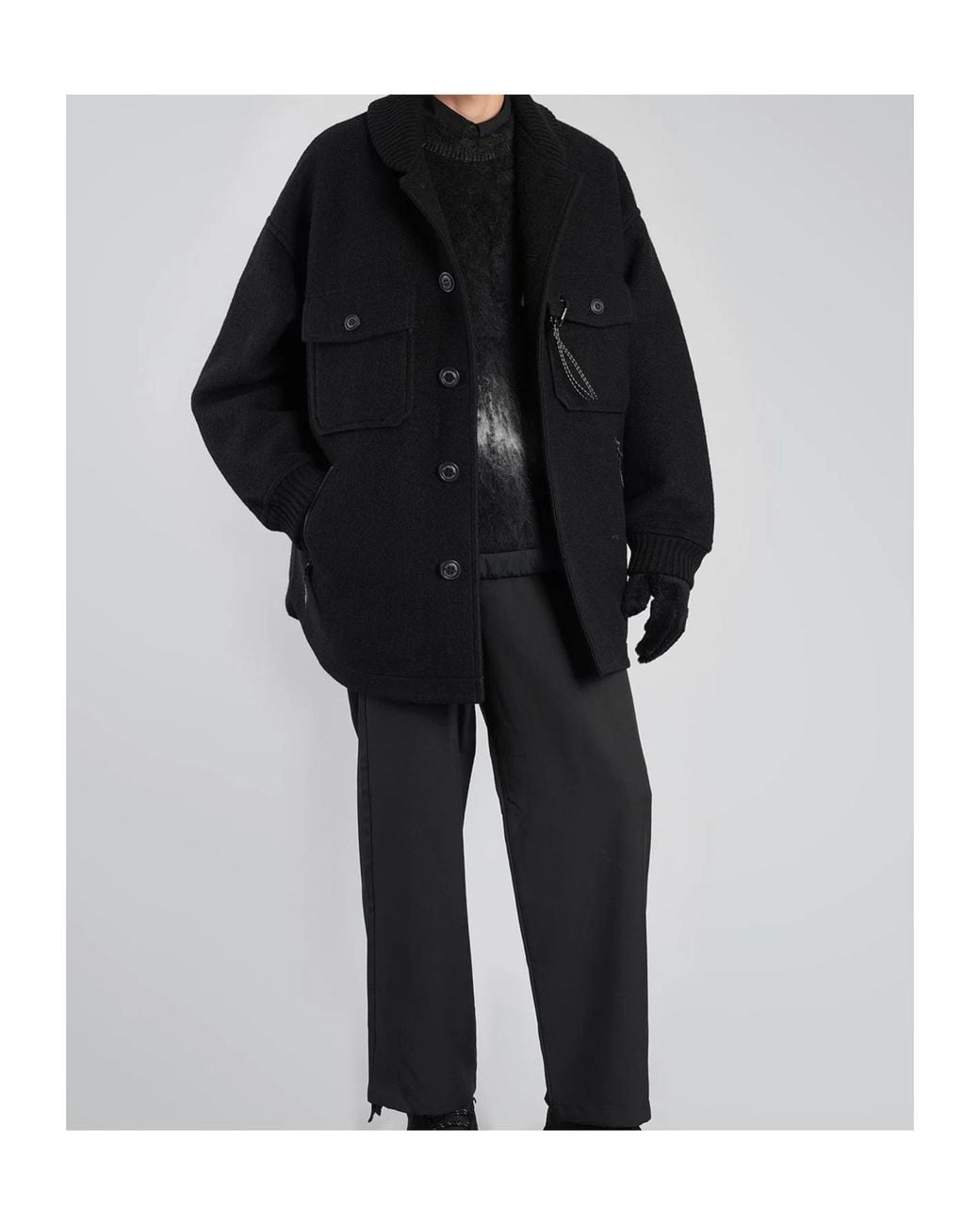 And Wander Black Ribbed-Knit-Collar Button-Up Coat for men