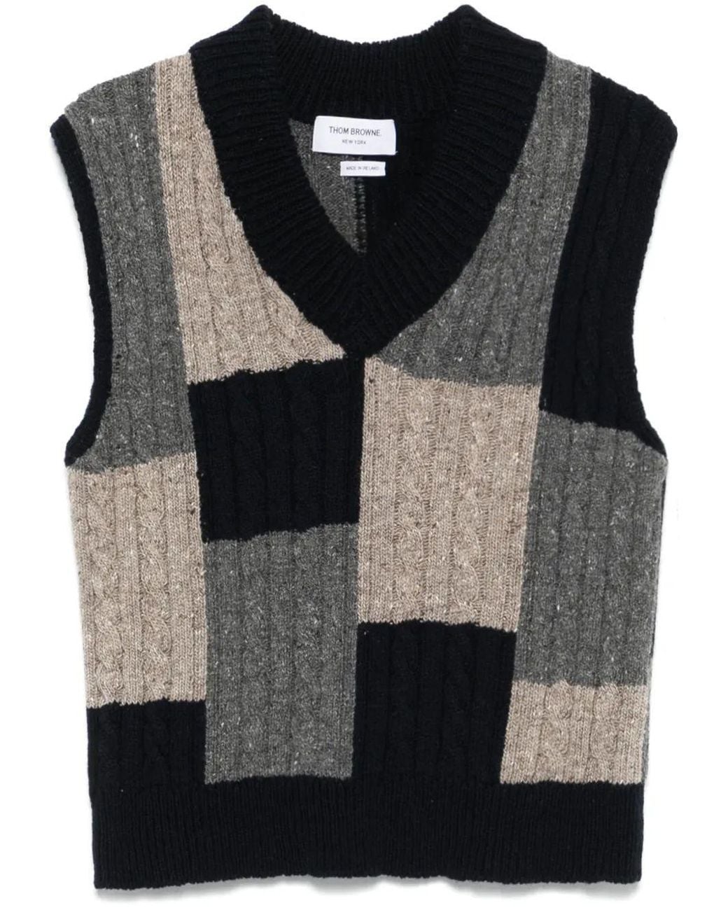 Thom Browne Black Patchwork Cable-Knit Vest for men