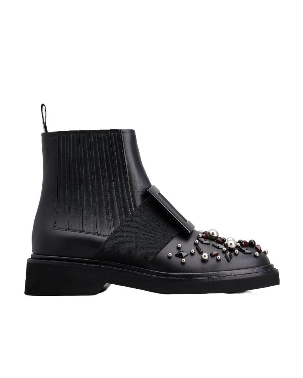 Roger Vivier Black Viv' Rangers Studs Lacquered Buckle Chelsea Ankle Boots