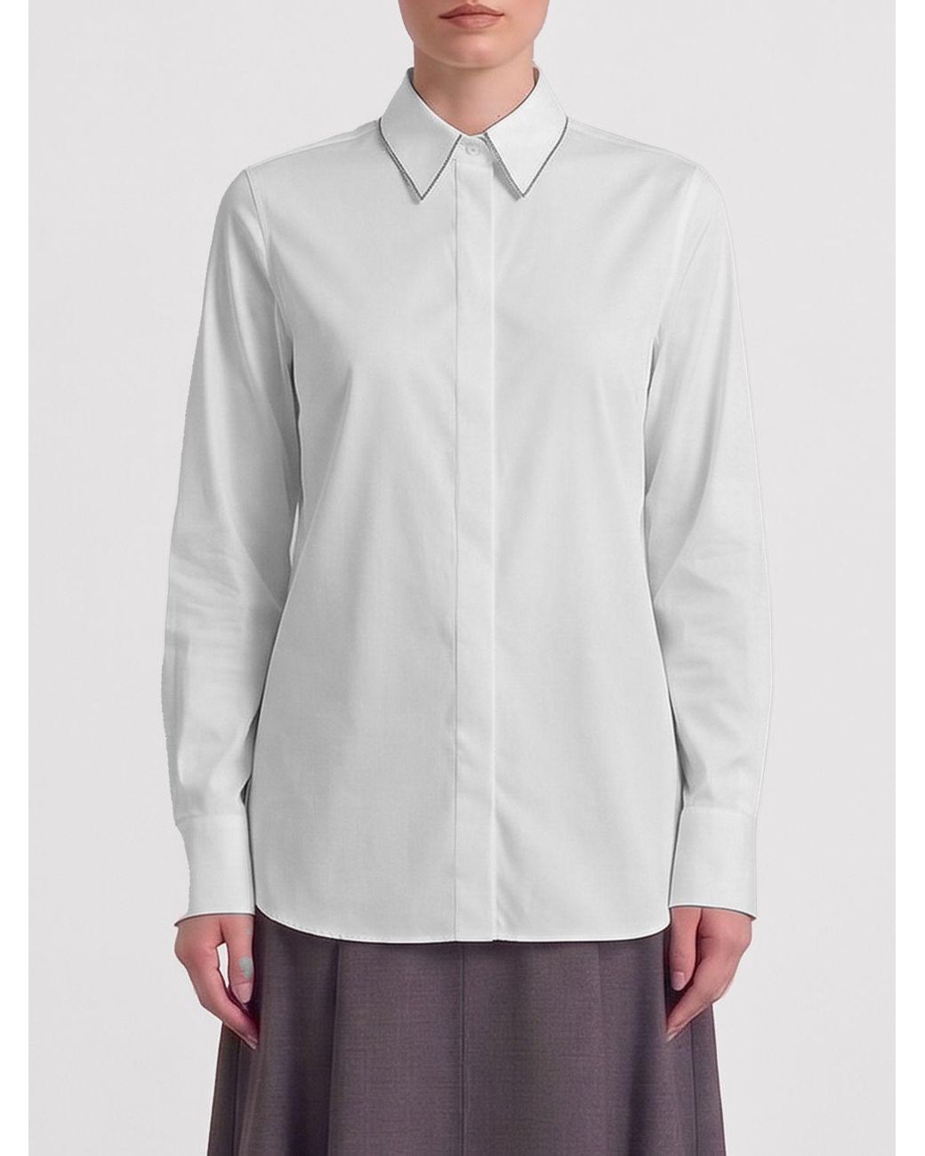 Brunello Cucinelli White Shirt With Pointed Collar And Monil Detail On The Collar