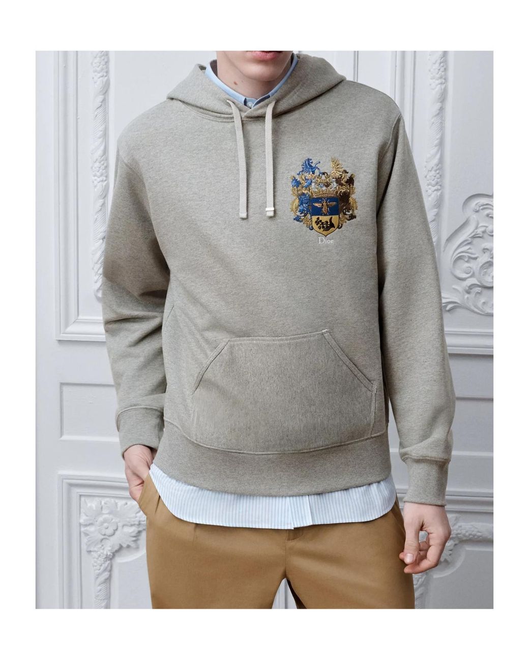 Dior Gray Hooded Sweatshirt With Blason Embroidery, Relaxed Fit for men