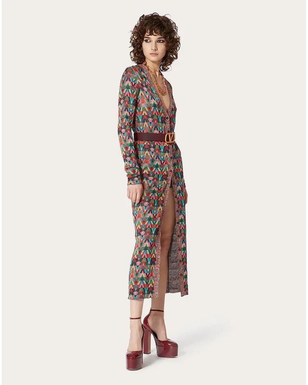 Valentino Brown Jacquard Optical-Pattern Lurex Long Cardigan