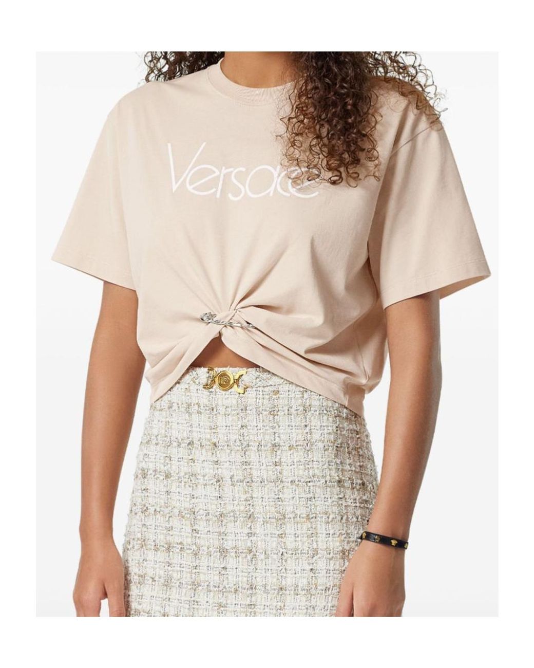 Versace Natural Safety-Pin Detailed Cropped T-Shirt