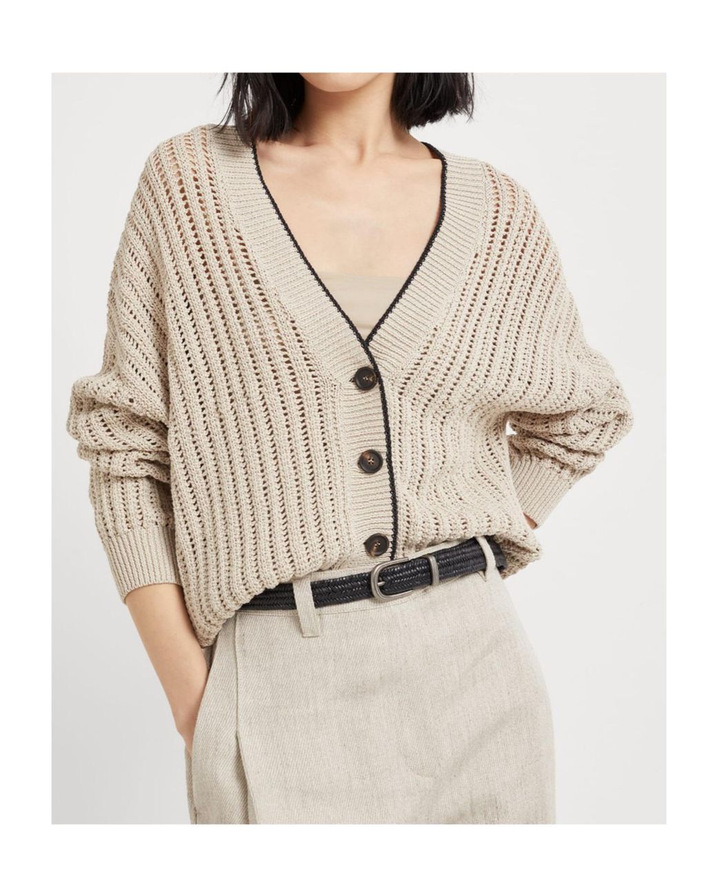 Brunello Cucinelli Brown V-Neck Contrast-Trim Cardigan