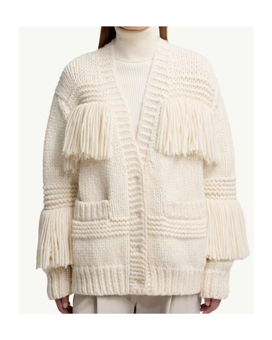 Moncler Natural Grenoble Fringe-Trim V-Neck Cardigan