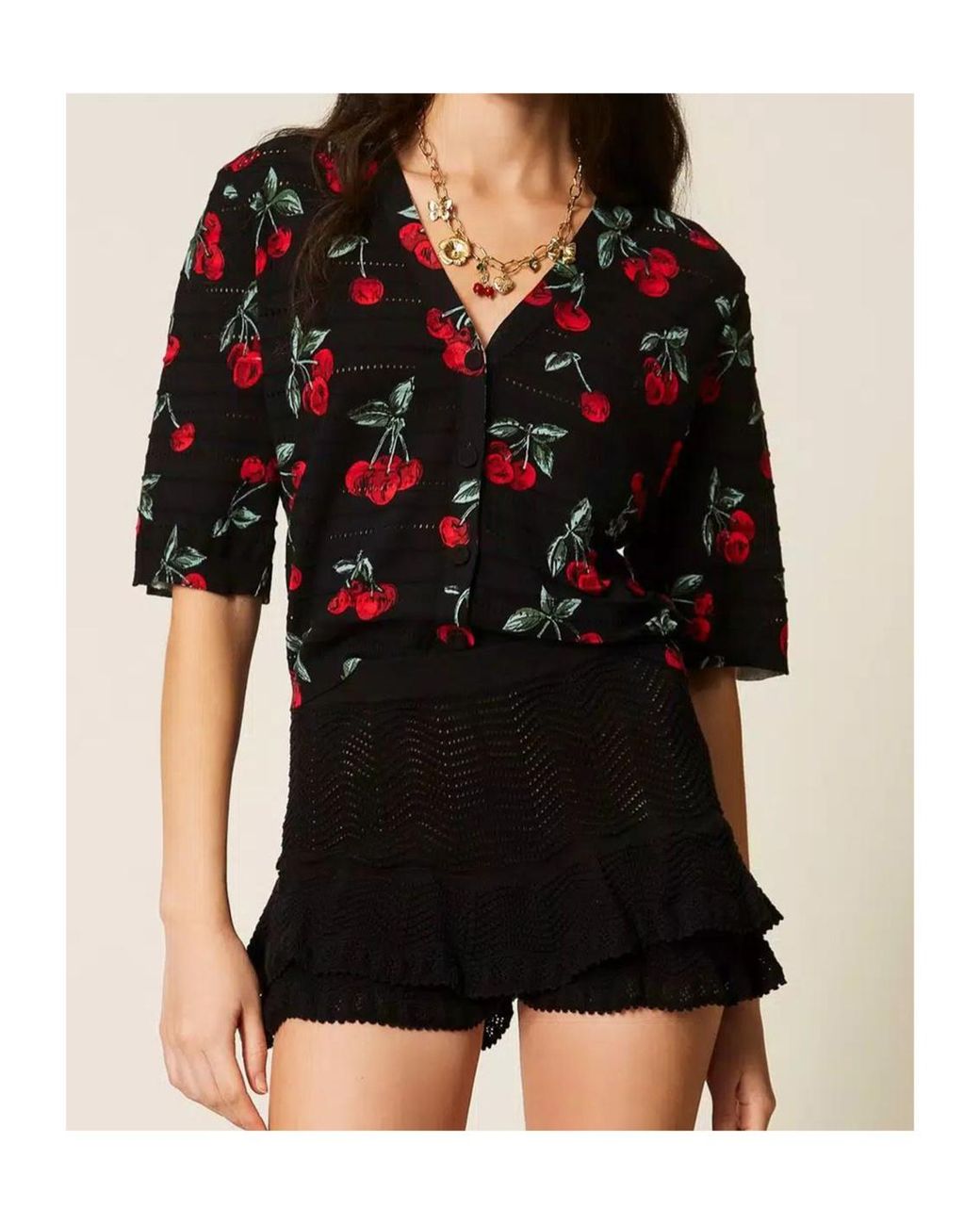 Twinset Black Cherry Print Short Sleeve Cardigan