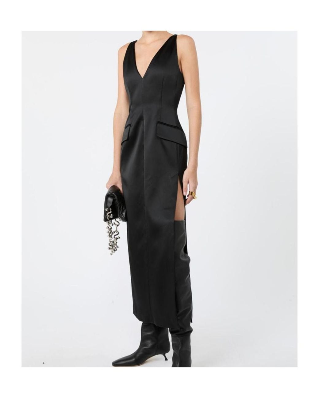 Sportmax Black Long Stretch Satin Dress