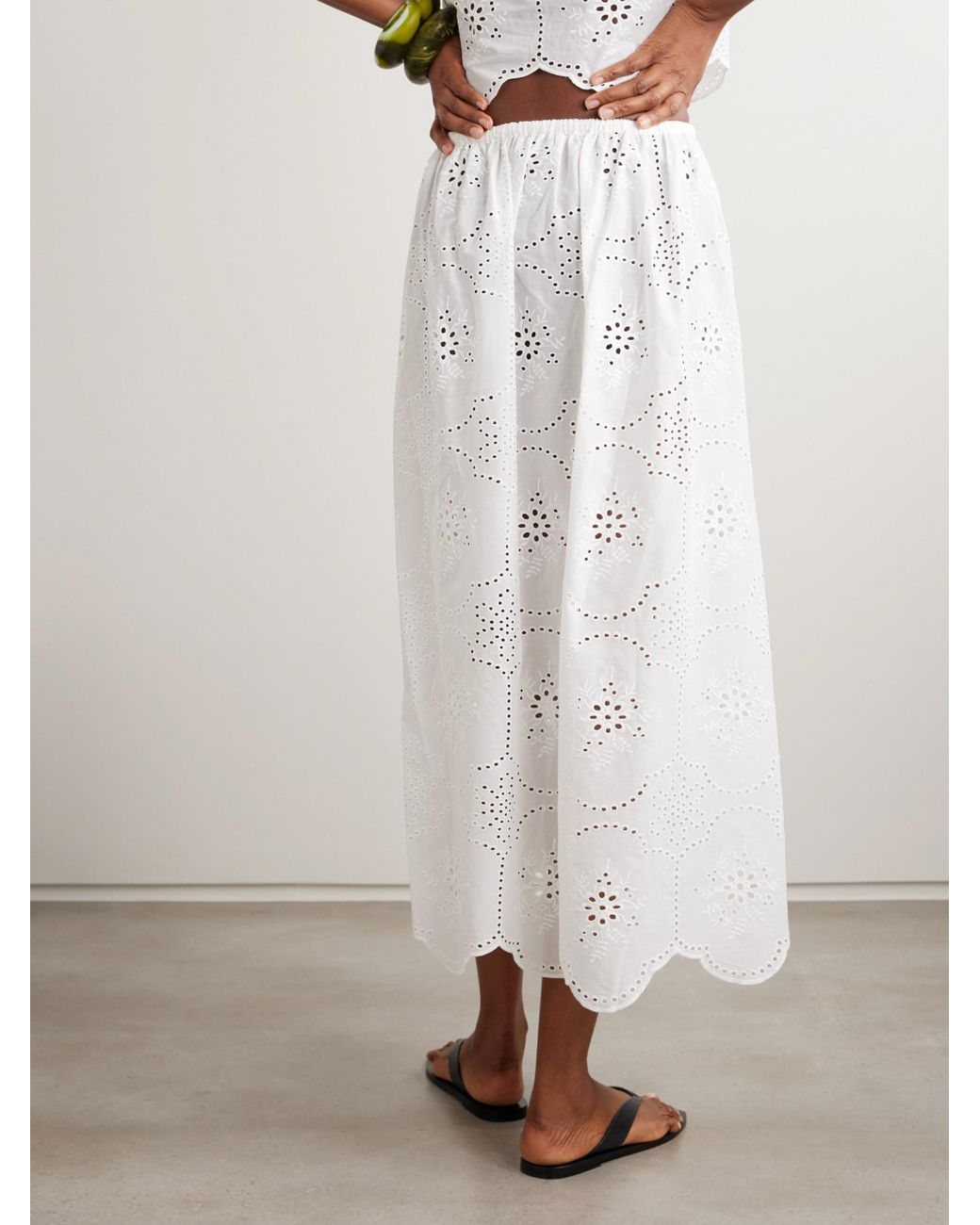Matteau White Scalloped Broderie Anglaise Cotton Midi Skirt