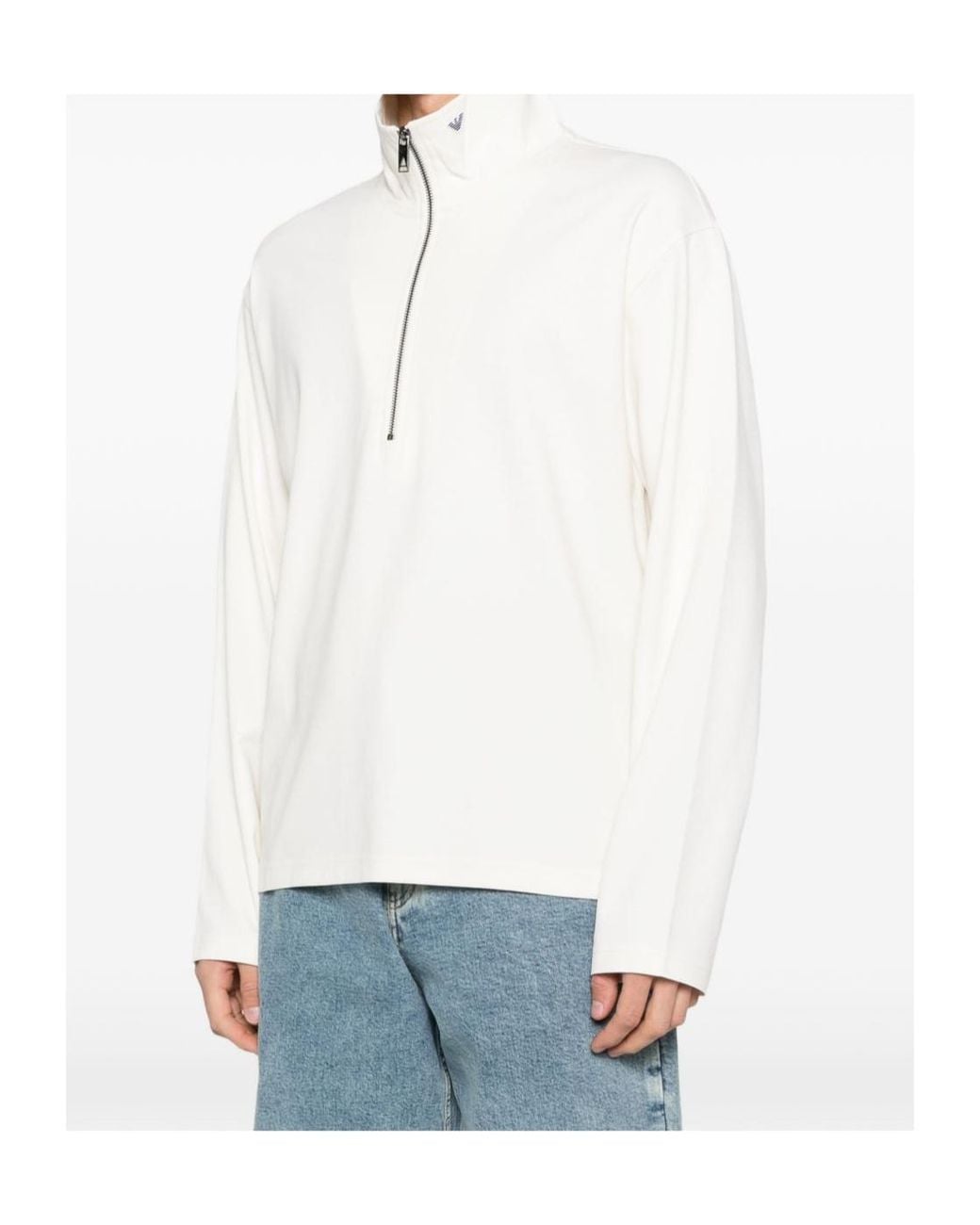 Emporio Armani White Zip Detailed High Neck Sweatshirt for men