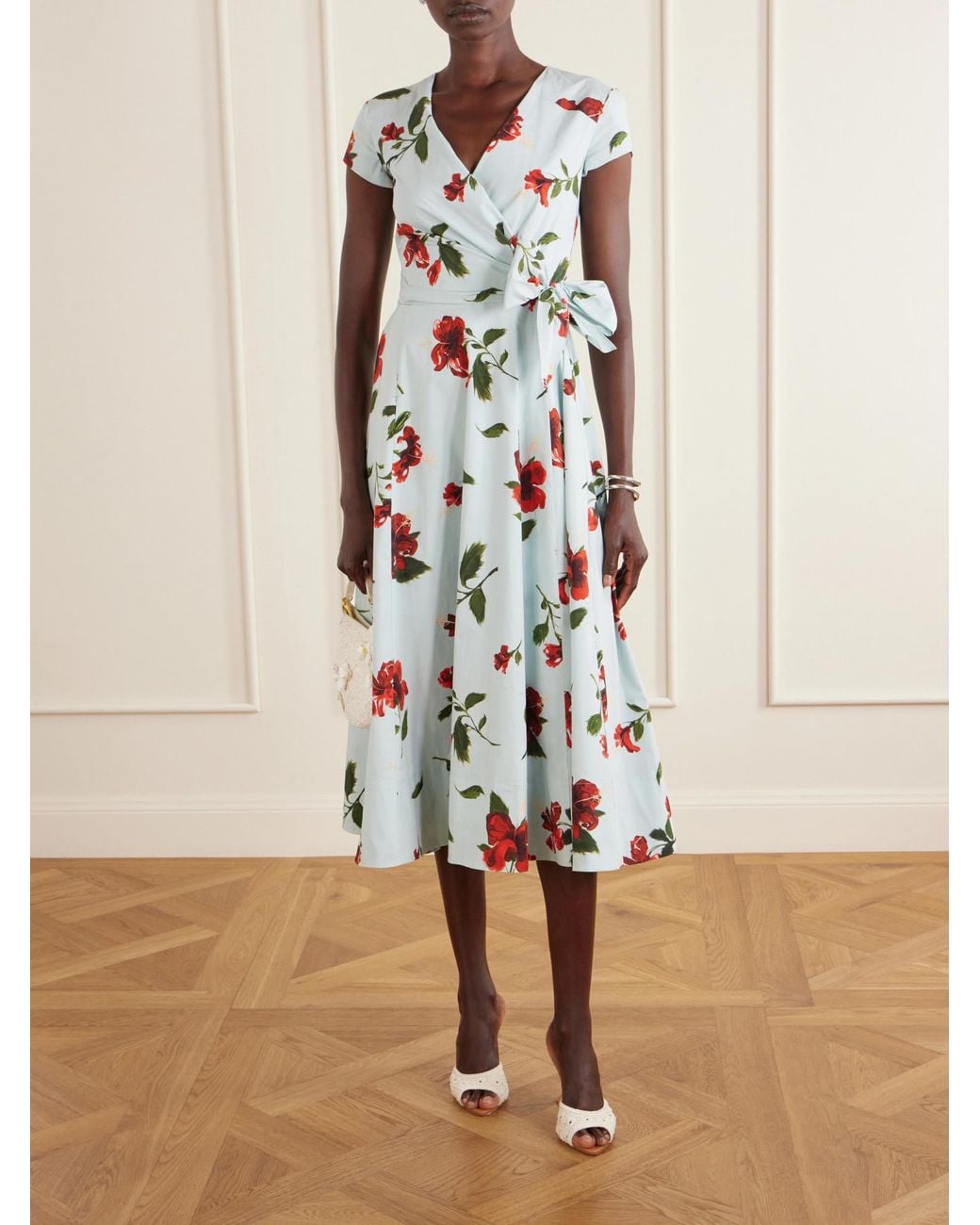 Oscar de la Renta White Floral-Print Cotton-Poplin Wrap Midi Dress