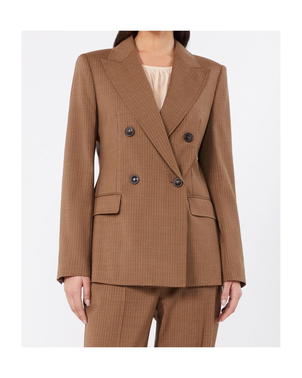 Max Mara Brown Studio Umico Double-Breasted Pinstriped Blazer