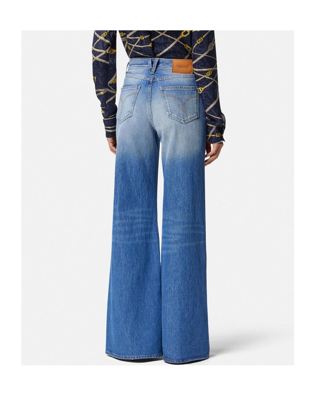 Versace Blue Medusa 95 Logo-Engraved Mid-Rise Flared Jeans