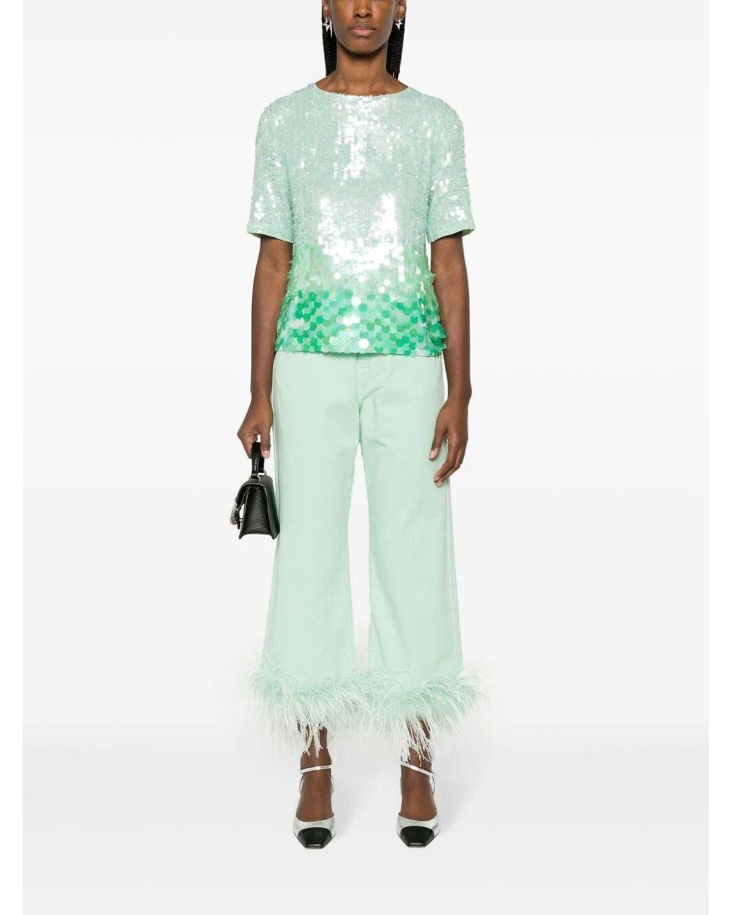 P.A.R.O.S.H. Green Feather-Trim Stretch-Cotton Jeans