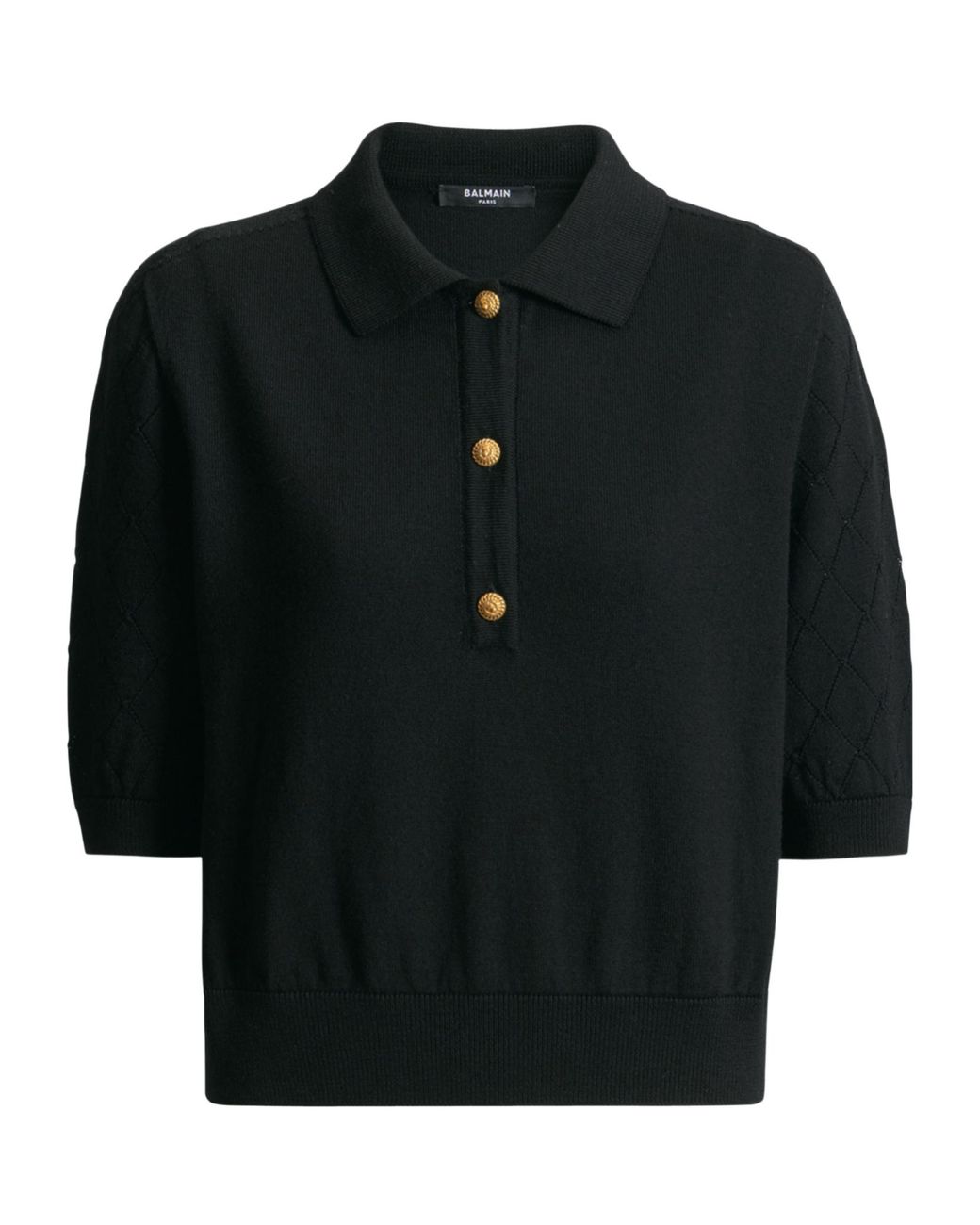 Balmain Black Merino Wool Openwork Crop Polo Shirt