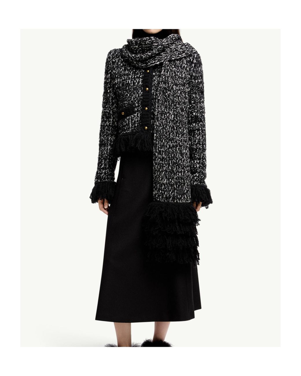 Moncler Black Fringe-Trim Wool Blend Scarf
