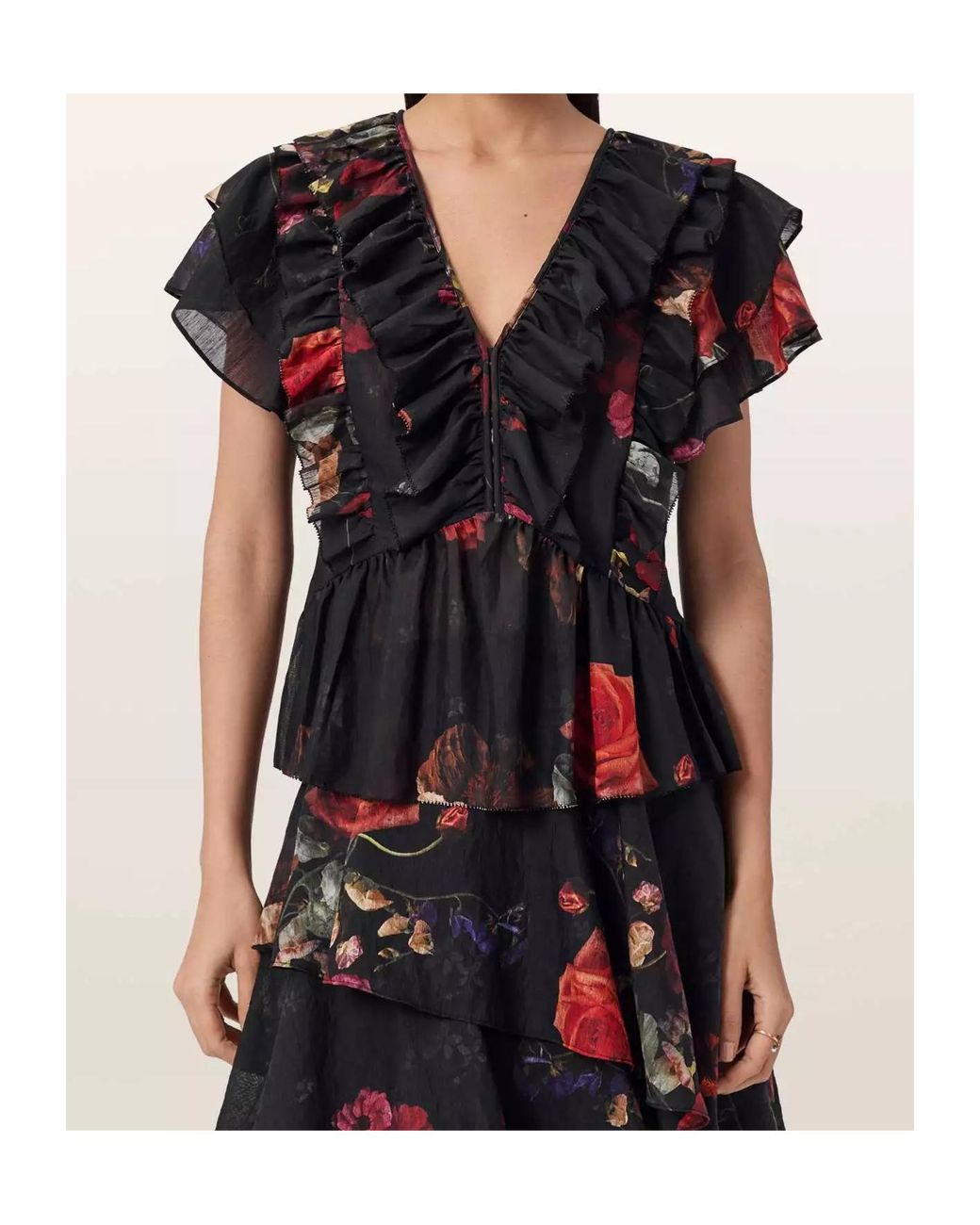 AllSaints Black Alma Ruffled Floral Top