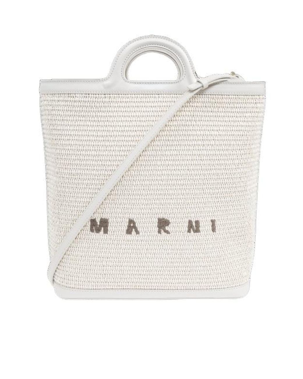 Marni White Tropicalia Logo Embroidered Raffia Tote Bag