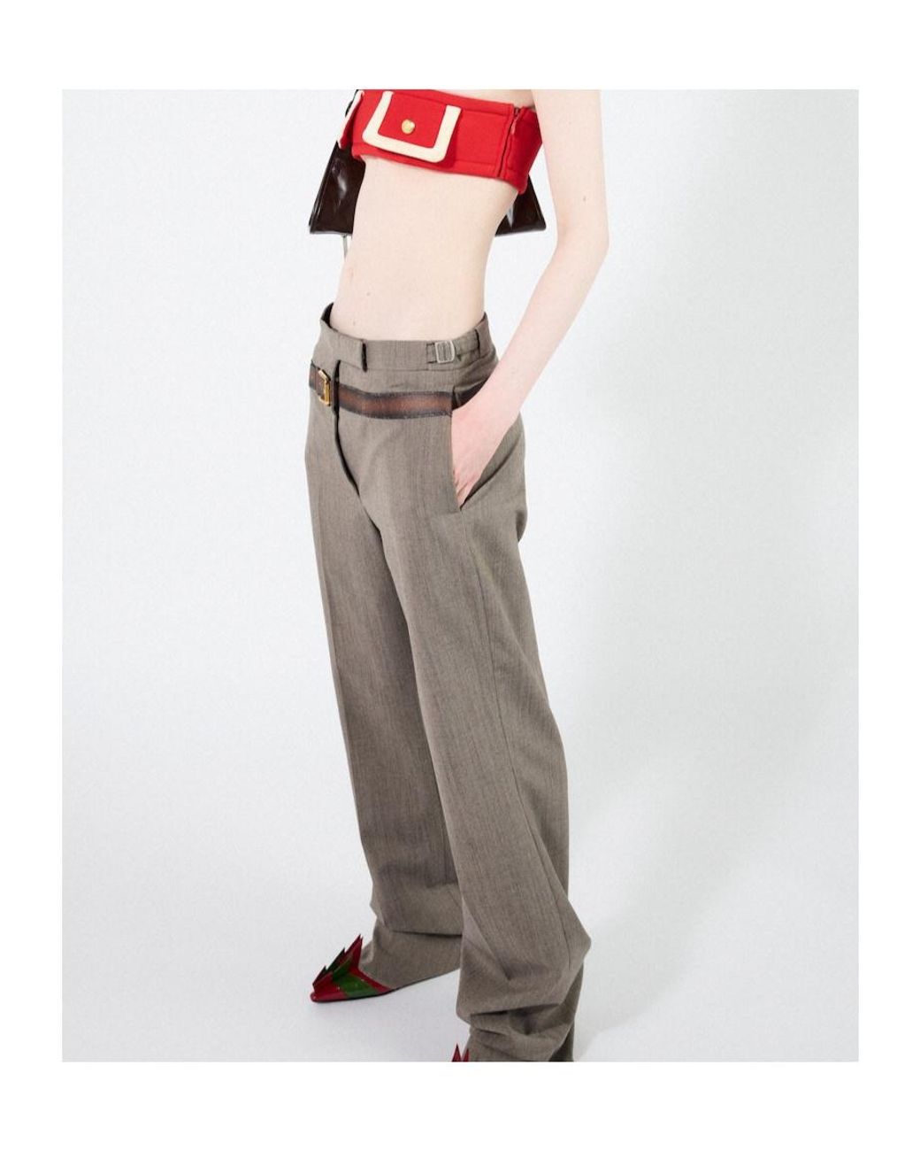 Prada Gray Belt-Detailed Pleated Trousers