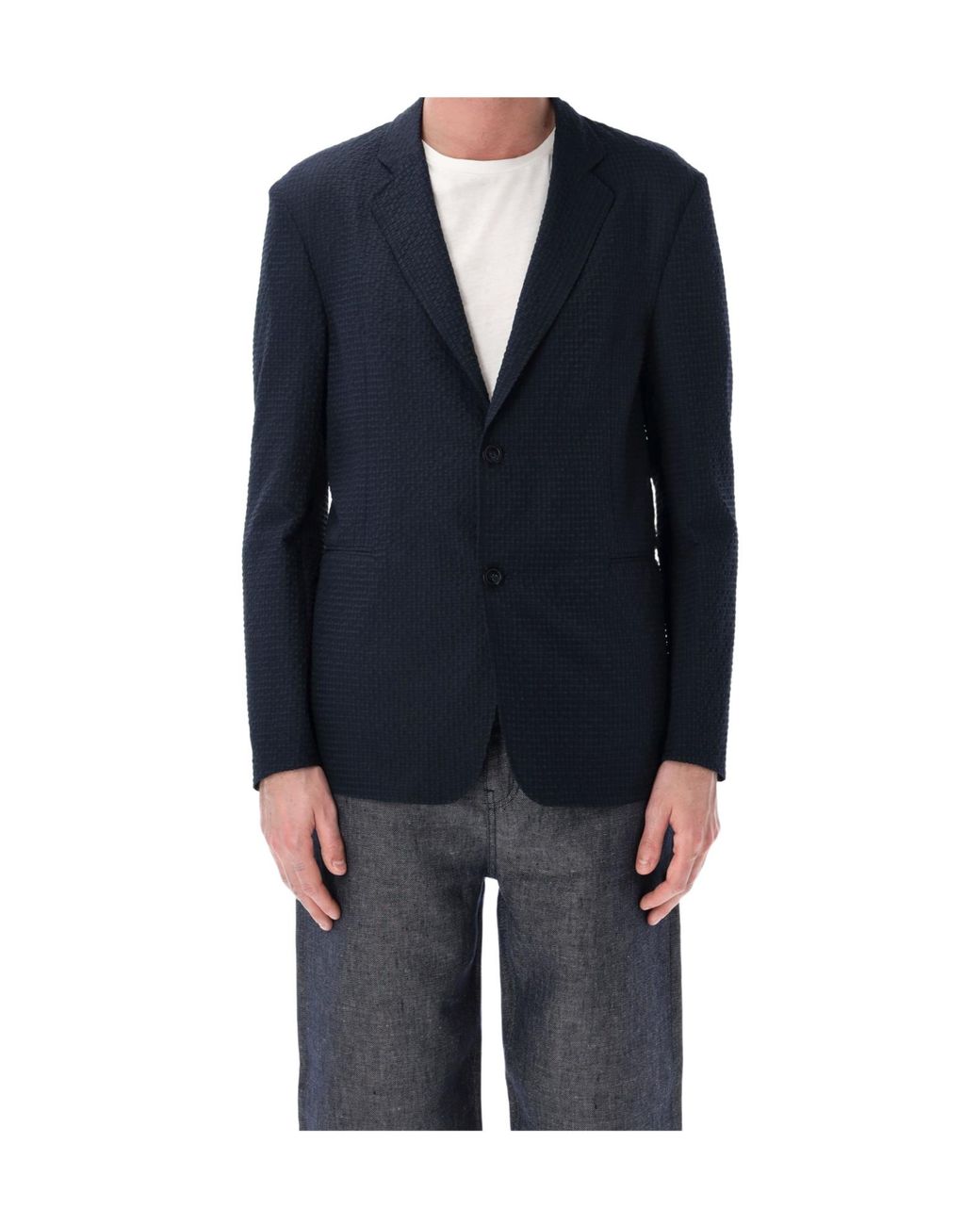 Emporio Armani Blue Single-Breasted Seersucker Blazer for men