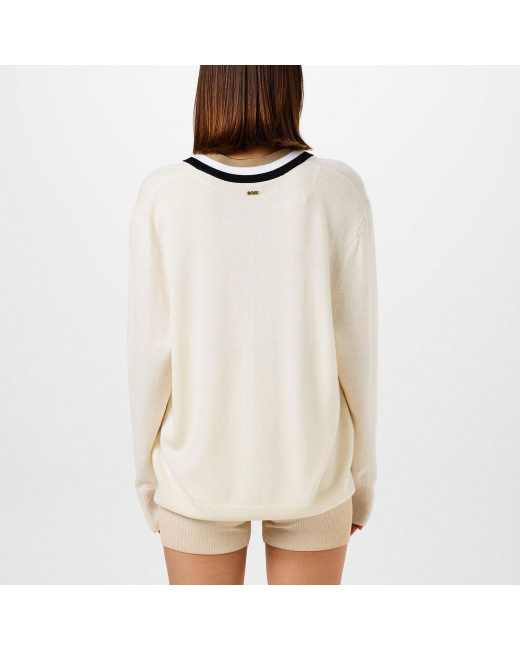 Boss White Color-Block Striped V-Neck Knit Sweater