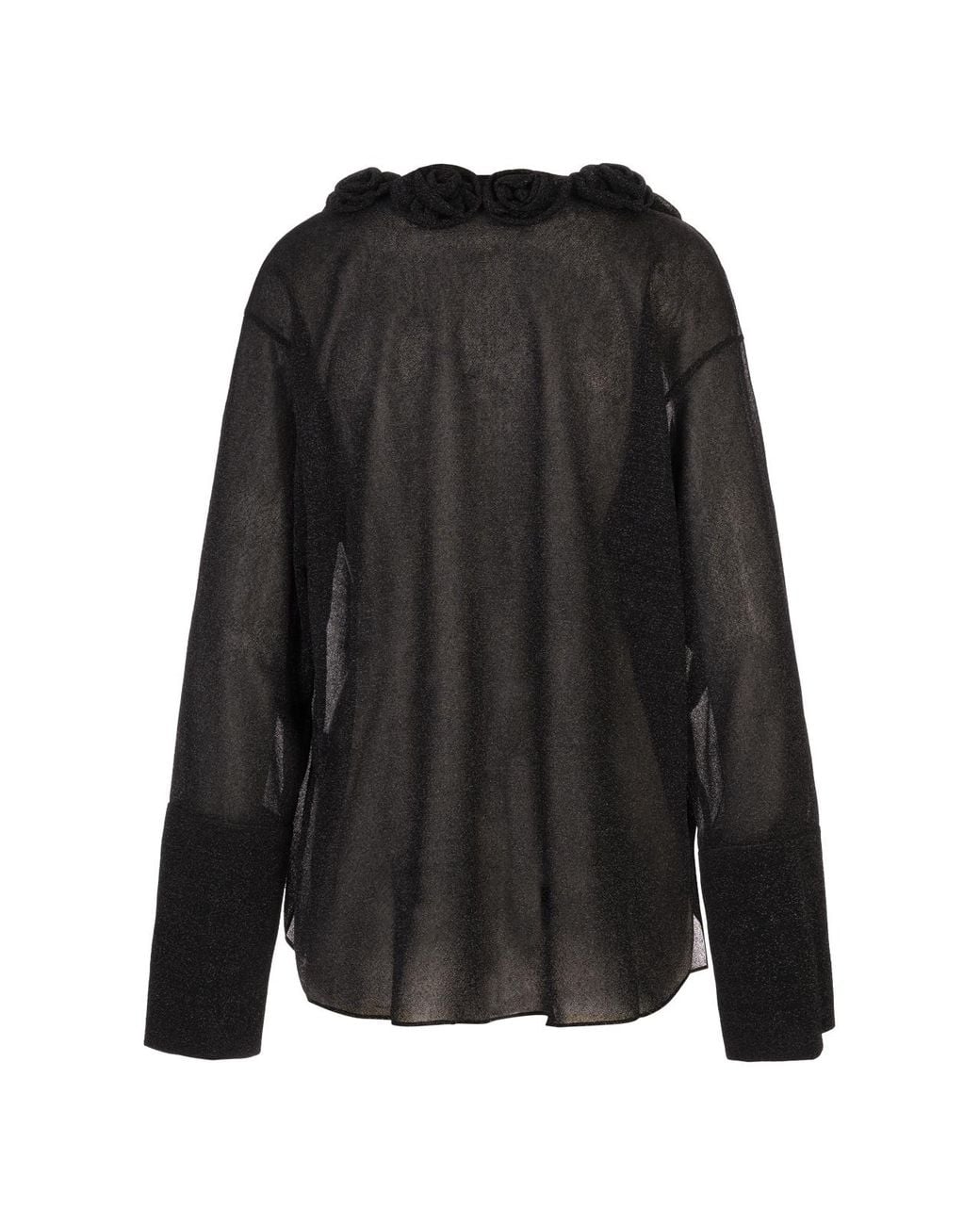 Oseree Black Rose-Embellished Glitter-Detail Blouse
