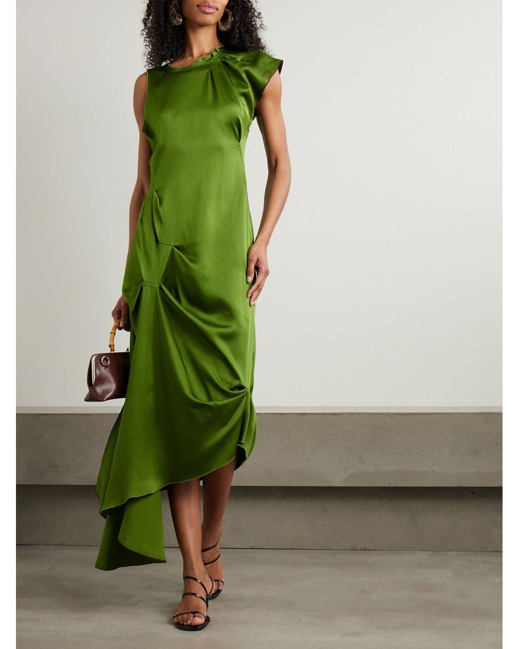 Victoria Beckham Green Draped Satin Midi Dress