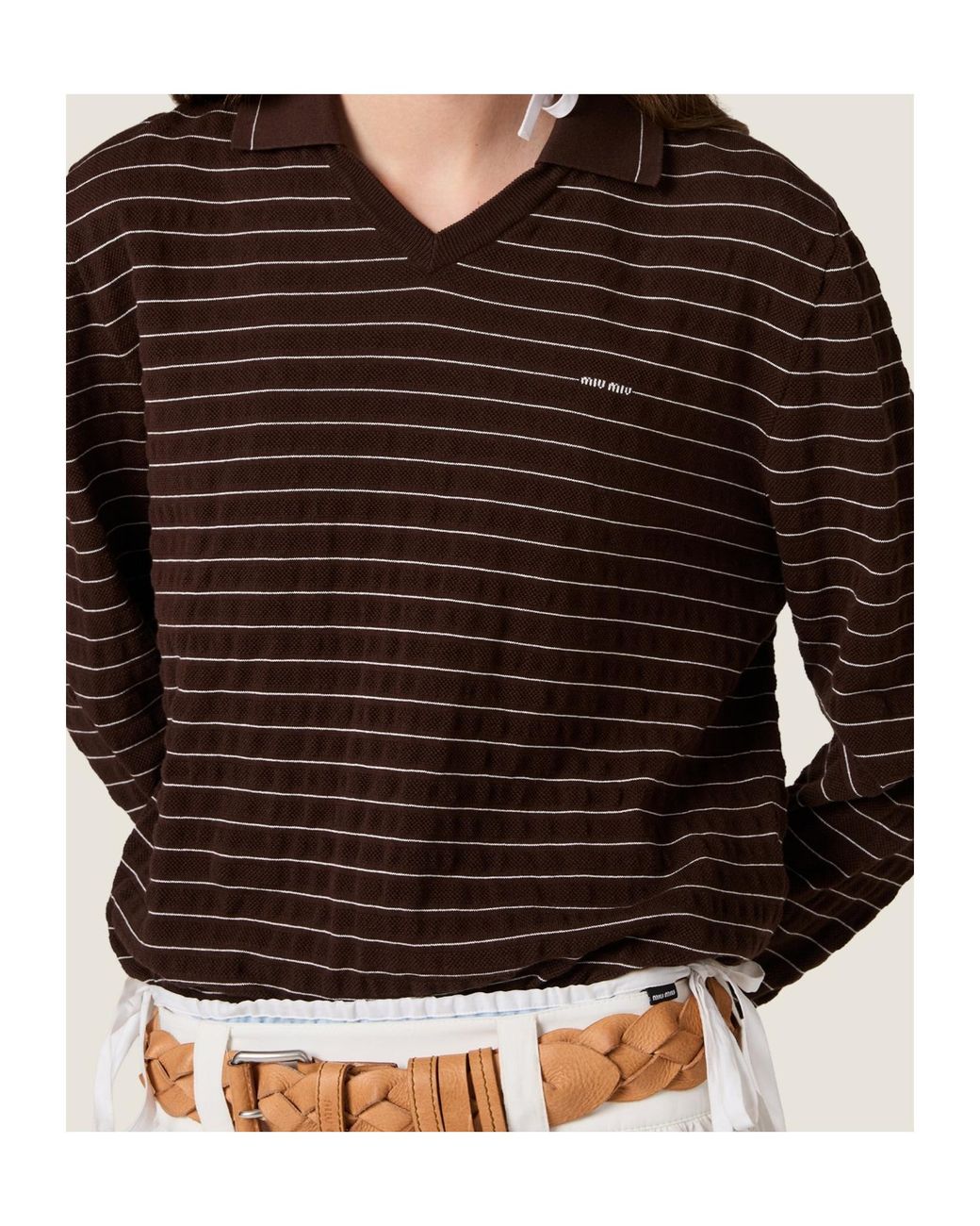 Miu Miu Brown Striped V-Neck Knitwear