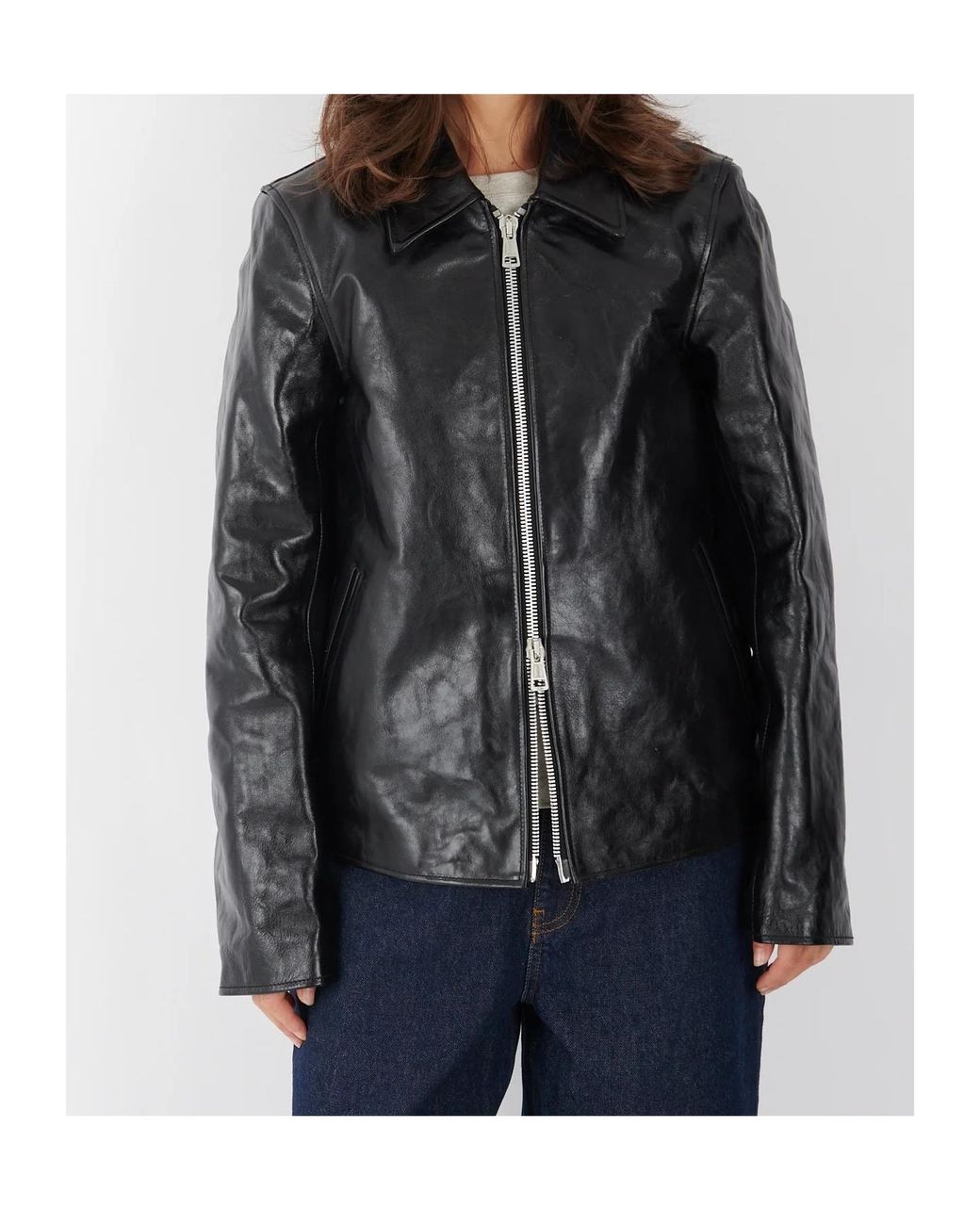 Our Legacy Black Cropped Leather Jacket With Classic Collar