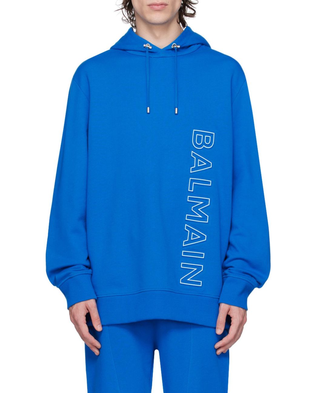 Balmain Blue Embossed Hooded Sweatshirt for men