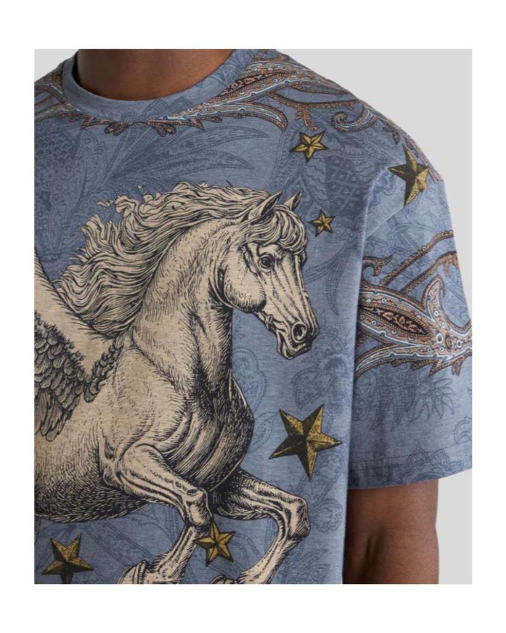 Etro Blue Cotton Jersey T-Shirt With Placed Pegaso Print for men