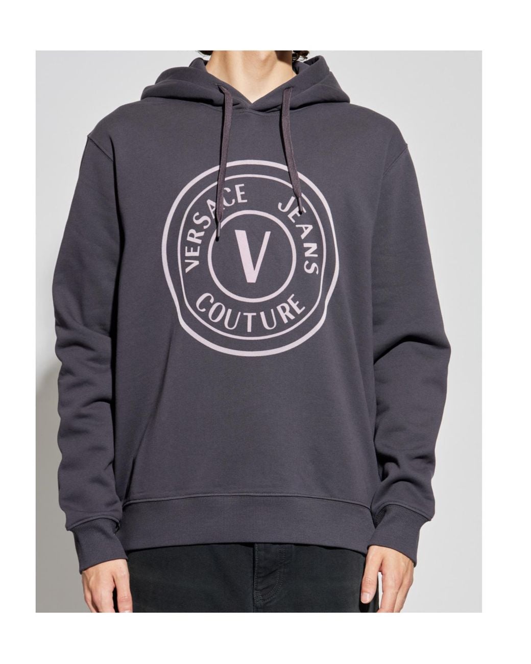 Versace Jeans Gray Couture Logo Printed Drawstring Hoodie for men