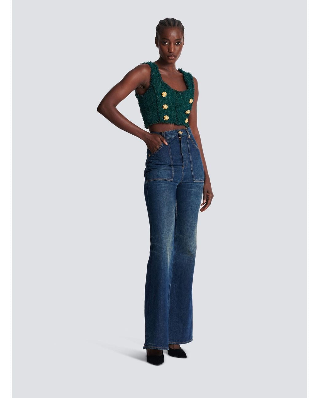 Balmain Green Tweed Crop Top