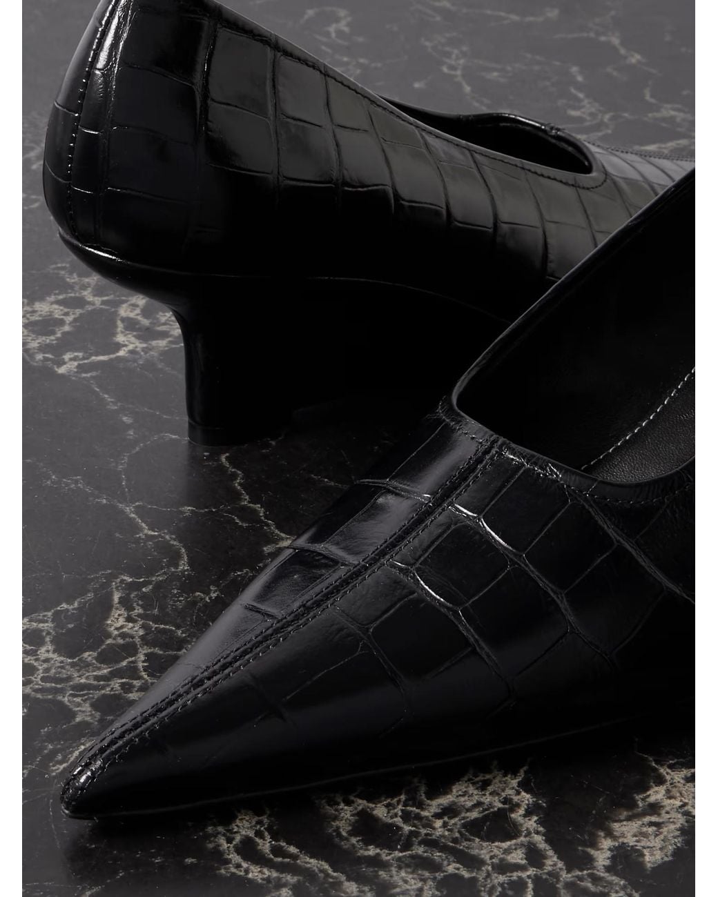 Totême Black Totême Pointed-Toe Embossed Wedge Pumps