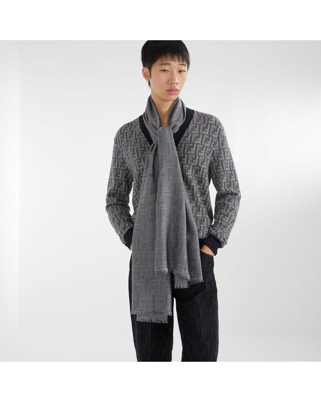 Fendi Gray Monogrammed Fringed Edge Scarf for men