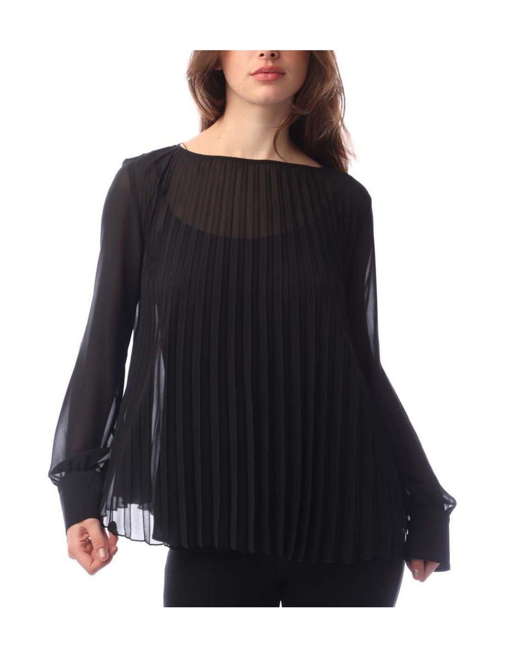 Boss Blue Boatneck Pleated Chiffon Blouse