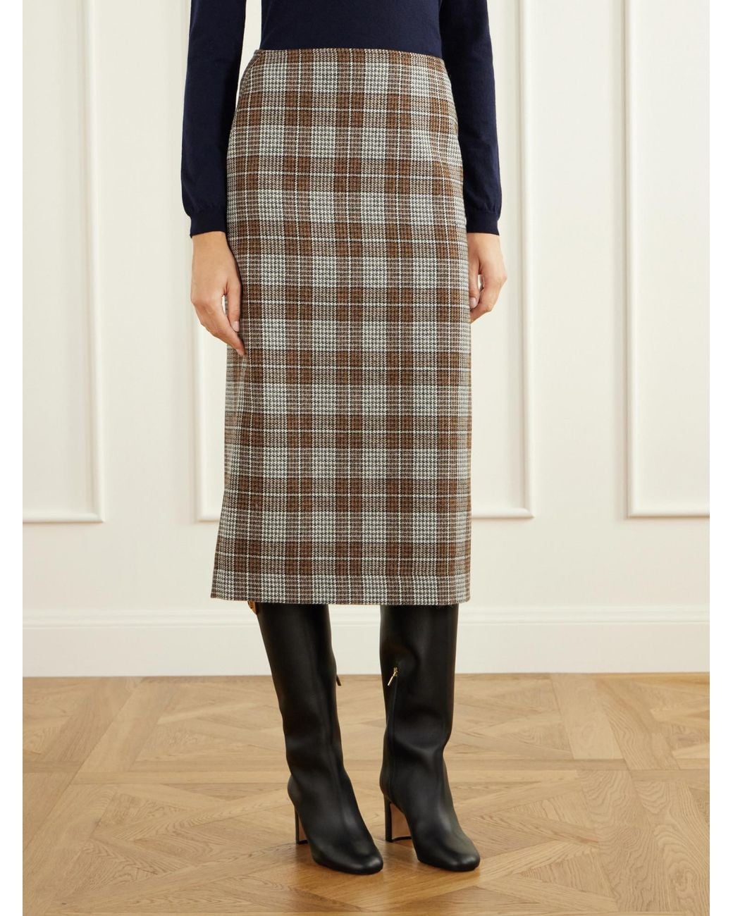 Giuliva Heritage Brown Checked Houndstooth Wool Knee-Length Skirt