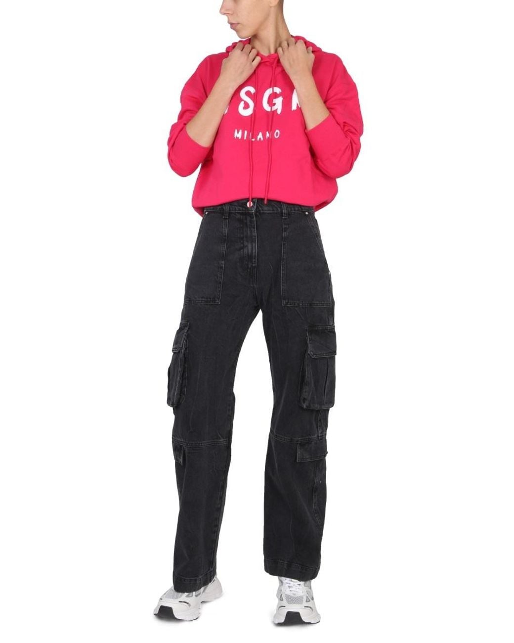 MSGM Red Logo-Print Long-Sleeve Hoodie